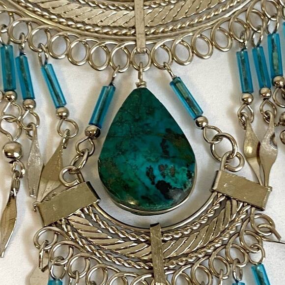 Vintage Boho Turquoise Beaded Necklace Layered Silver Fringe Peruvian 70s Hippie - Picture 6 of 12